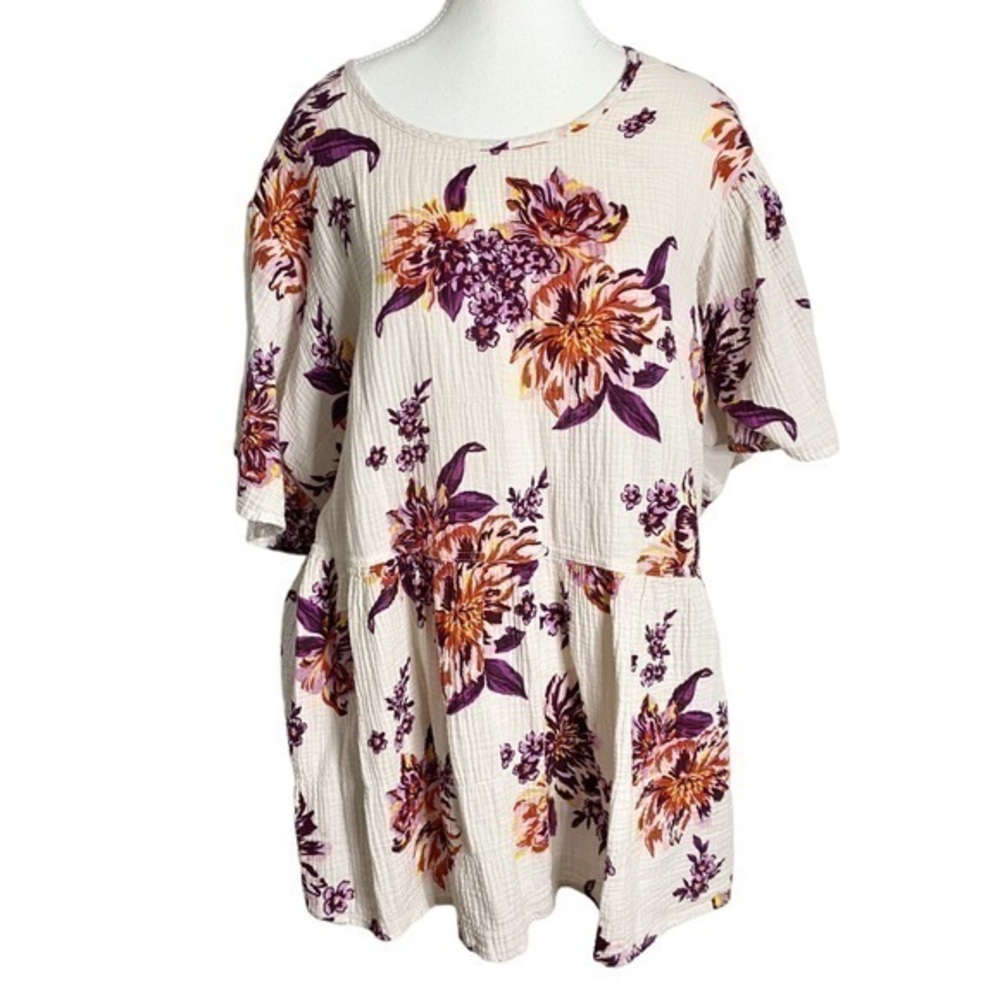 Terra & Sky White with Purple and Orange Floral Peasant Style Top